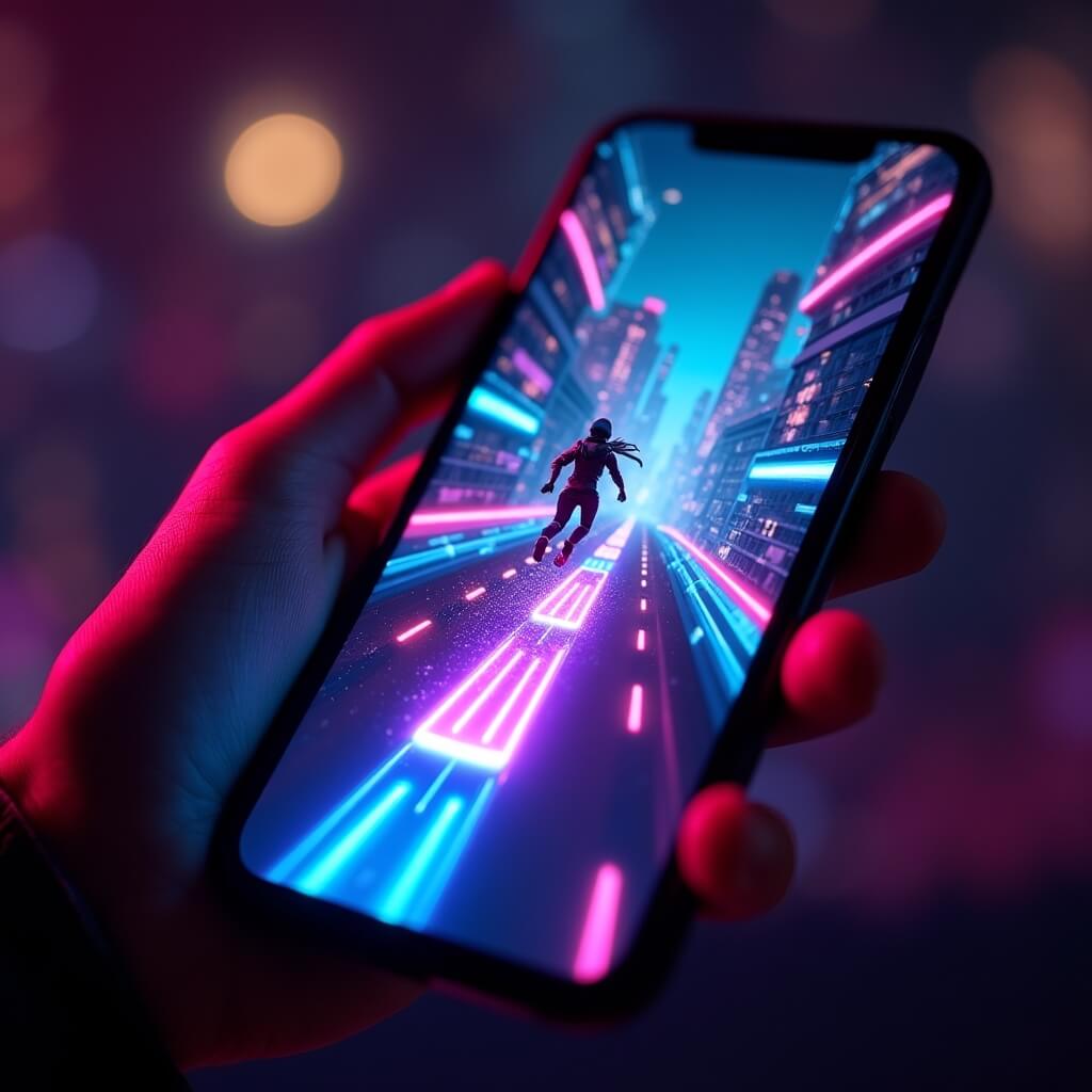 Fast-paced action runner mobile game with neon-lit environment and character mid-jump on phone screen