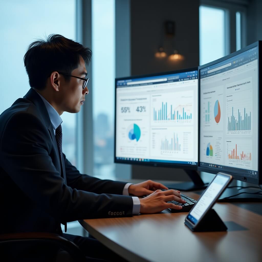 Researcher analyzing app store rating distribution charts on computer screen with mobile devices nearby