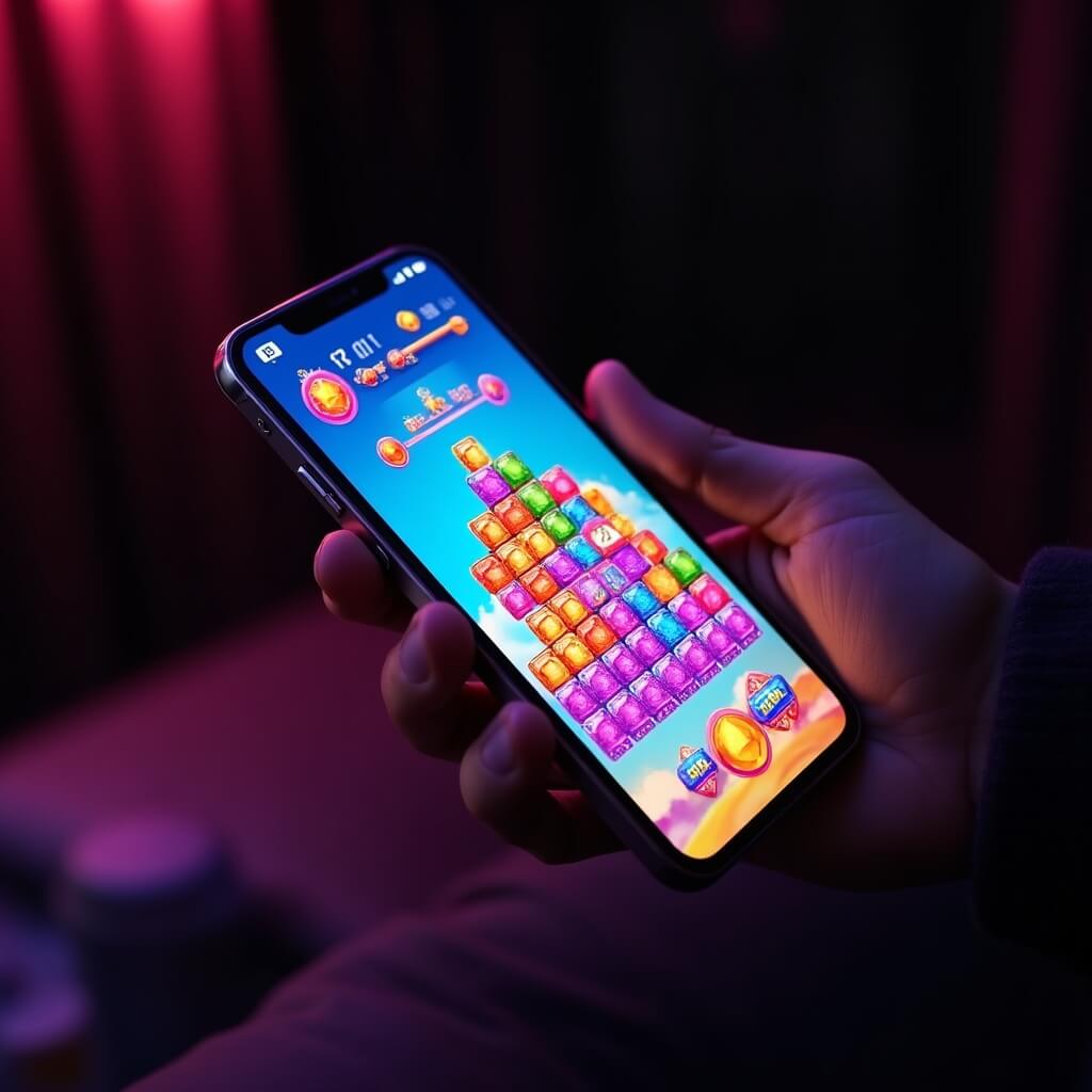 Colorful casual puzzle game on smartphone with bright tile-matching gameplay visible