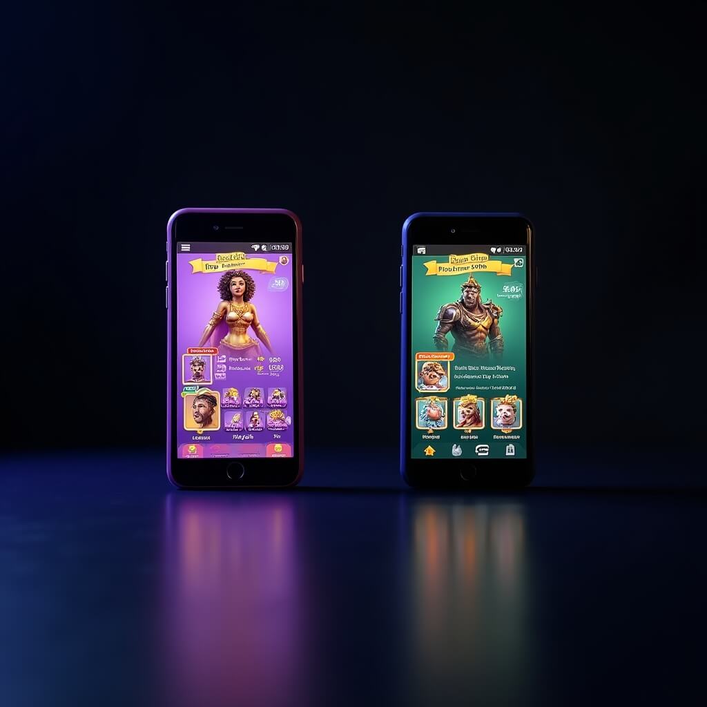 Side-by-side comparison of mobile game screens showing cosmetic character skins versus gameplay-affecting power items