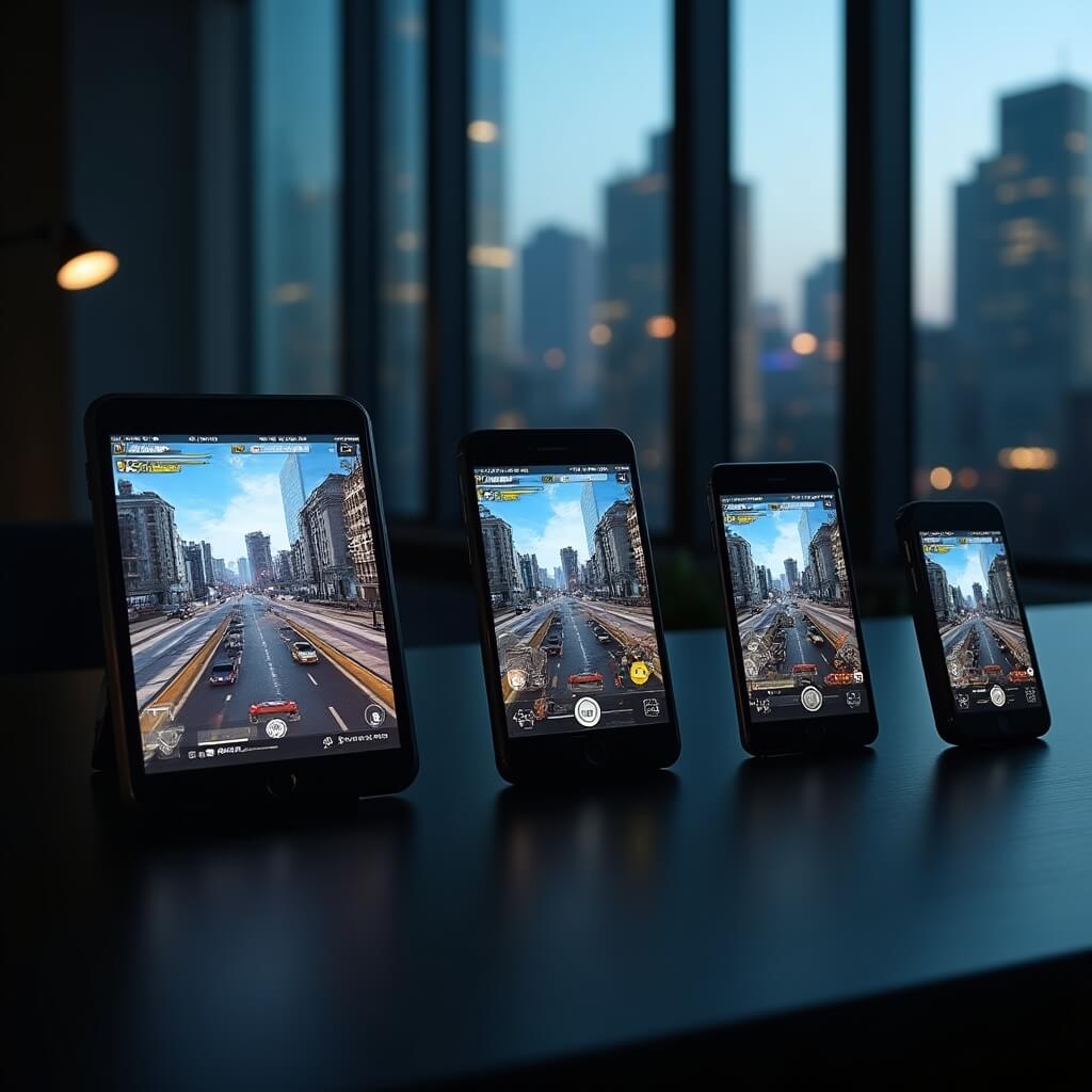Multiple smartphones of different models arranged on desk displaying the same game at different frame rates and visual quality levels
