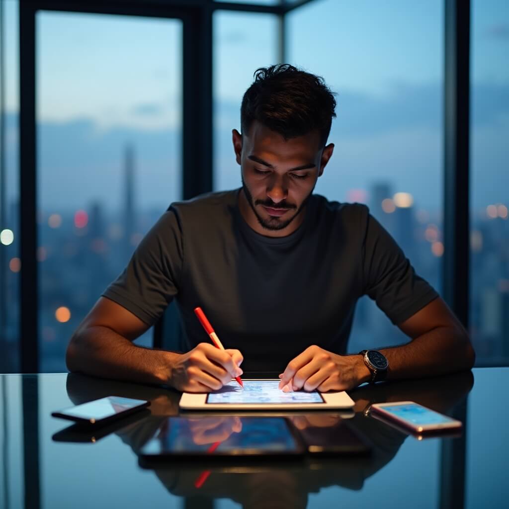 Reviewer taking notes while playing mobile game on a tablet, surrounded by multiple test devices