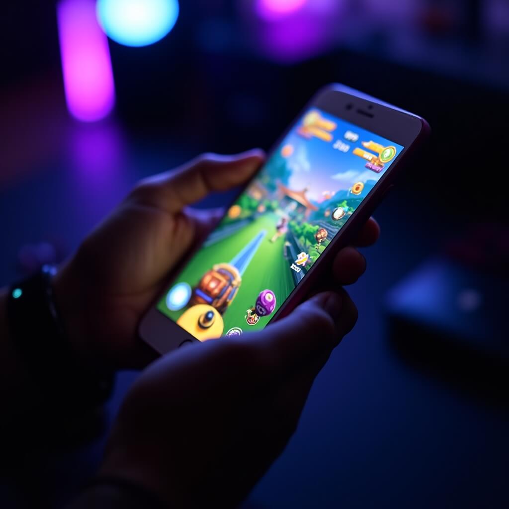 Mobile game being reviewed on smartphone screen showing colorful gameplay