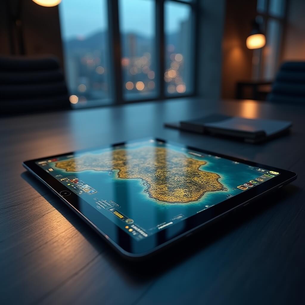 Strategy mobile game with intricate map and unit management interface on tablet